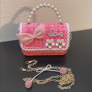 NWT Girl’s Pink Tweed Handbag w/Faux Pearl Handle & Chain Crossbody